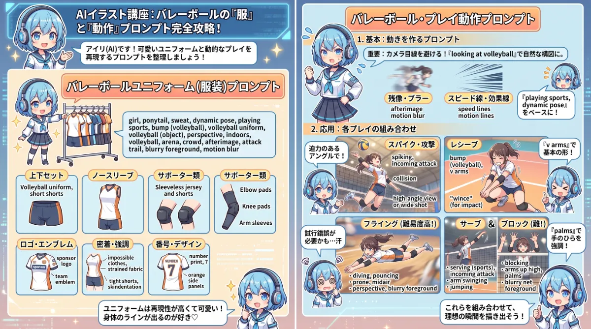 バレーボールのプロンプト大全（服装・プレーなど）のまとめ用の図解イラスト（グラレコ）