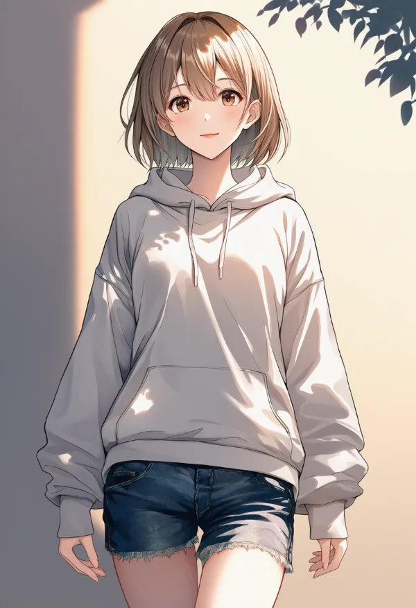 パーカー+デニムのショートパンツ|女子大生ファッションのプロンプト紹介