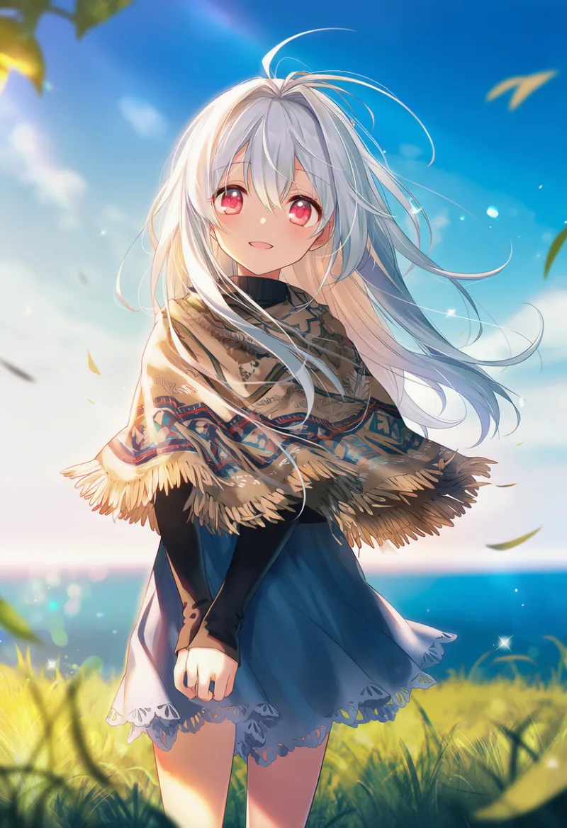 ポンチョとタイトな長袖のAIイラスト|プロンプト紹介