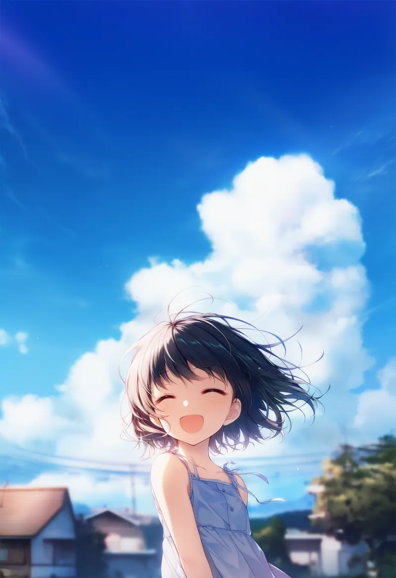 空にスペースを作る構図を再現したAIイラスト（wide shot, negative space, sky）