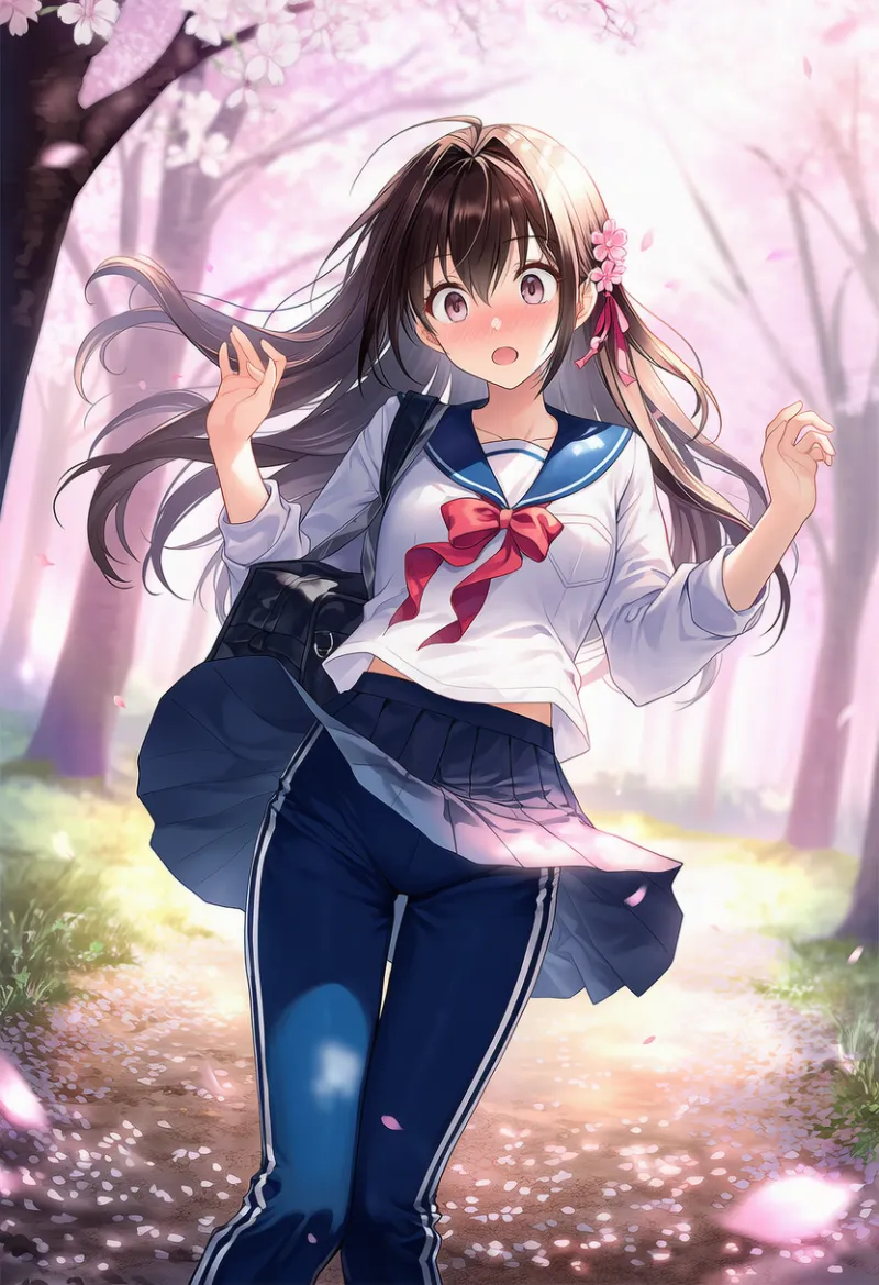 スカートがめくれるプロンプト（風チラ）：wind lift, skirt lift｜AIイラスト