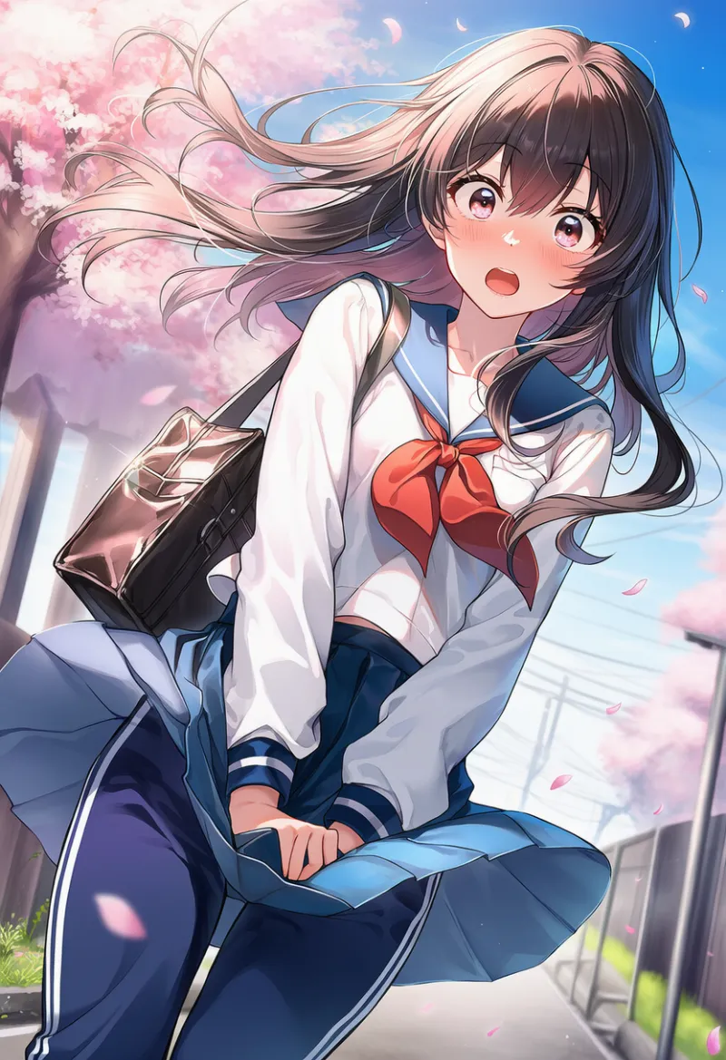 服が風でめくれるプロンプト：wind lift｜AIイラスト