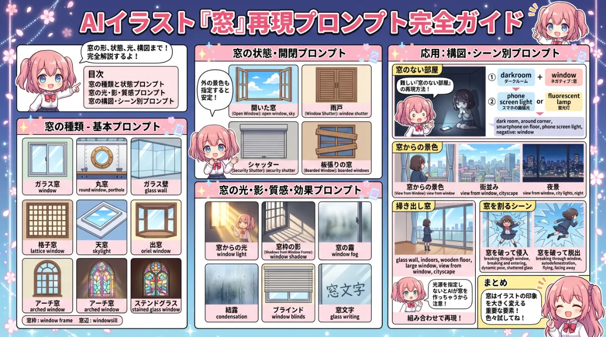 窓のプロンプト完全ガイド（種類・窓なし・視点など）のまとめ用の図解イラスト（グラレコ）