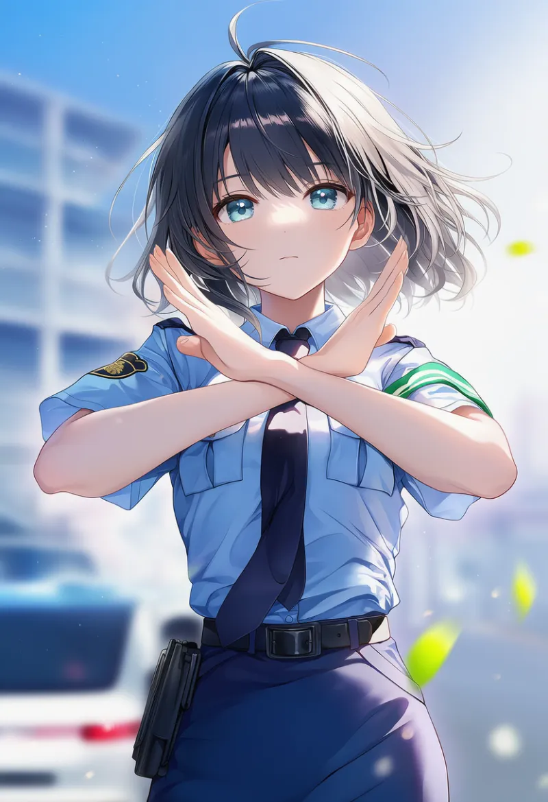 胸元でクロスさせて静止させる動作のAIイラスト｜警察官のポーズプロンプト紹介：x arms, crossed hands