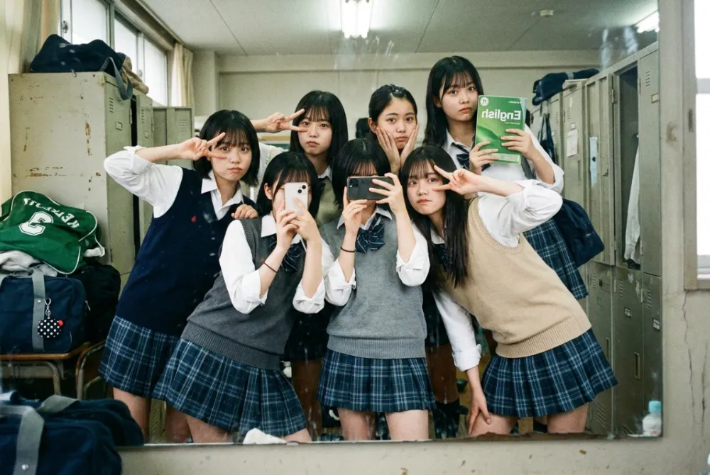 鏡越しに複数人のAI女子高生が自撮りをしている日常シーンのAI生成画像