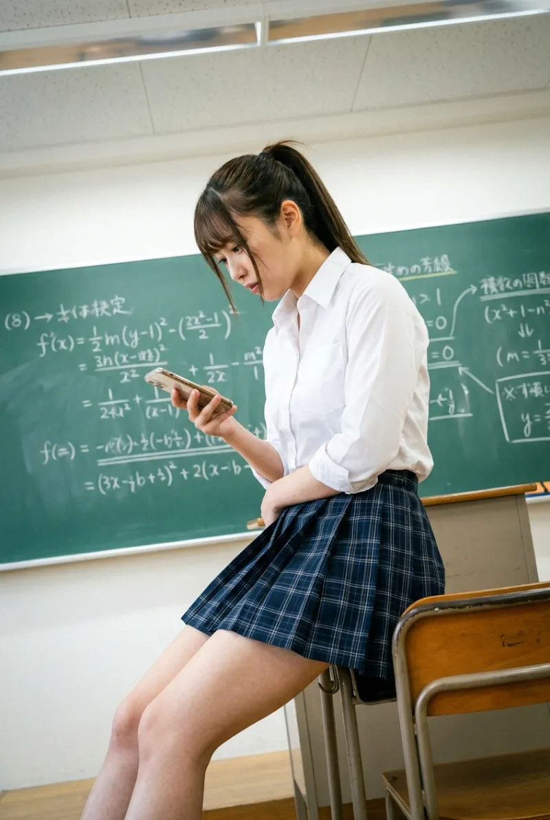 教室でスマホをみている制服を着たAI美女｜AI生成画像
