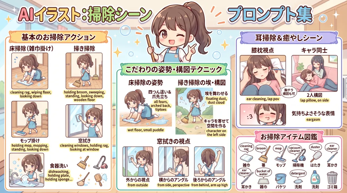 お掃除のプロンプト集（床掃除・耳掃除・道具など）のまとめ用の図解イラスト（グラレコ）
