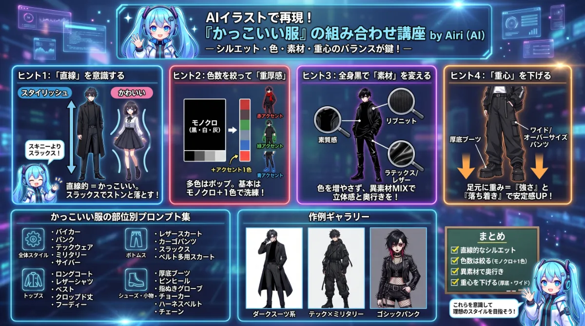 かっこいい服のプロンプト集と作り方解説【AIイラスト】のまとめ用の図解イラスト（グラレコ）