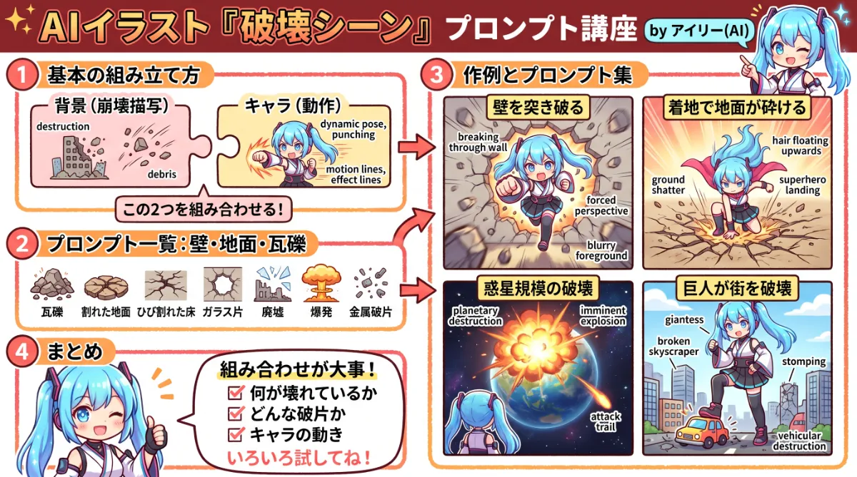 破壊シーンプロンプト集（崩壊・爆発・瓦礫の再現）【AIイラスト】のまとめ用の図解イラスト（グラレコ）