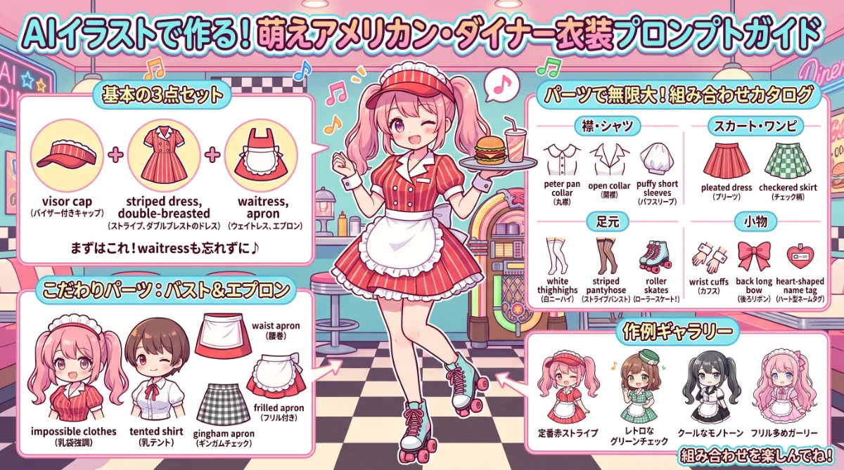 アメリカンダイナー衣装のプロンプト集【AIイラスト】のまとめ用の図解イラスト（グラレコ）