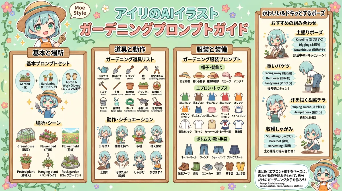 ガーデニング・園芸のプロンプト集（服装・アイテム・ポーズ）のまとめ用の図解イラスト（グラレコ）