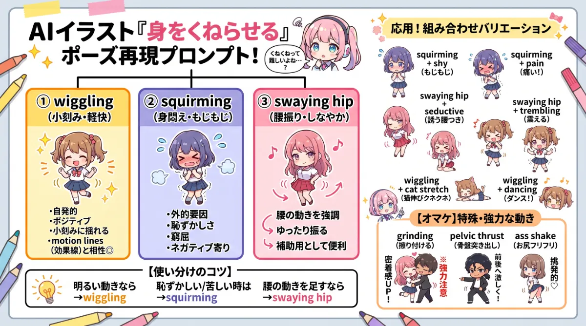 身をくねらせる・くねくねするプロンプト集【AIイラスト】のまとめ用の図解イラスト（グラレコ）