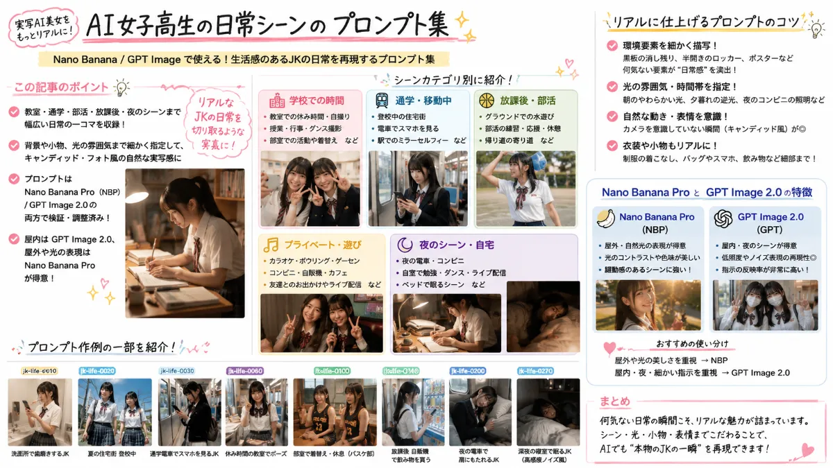 AI女子高生の日常シーンのプロンプト集【Nano Banana/GPT Image】のまとめ用の図解イラスト（グラレコ）