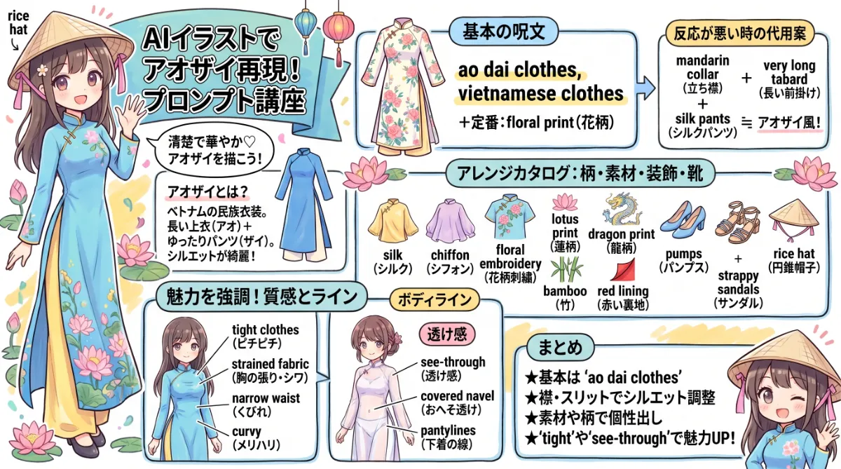 アオザイのプロンプト集【AIイラスト】のまとめ用の図解イラスト