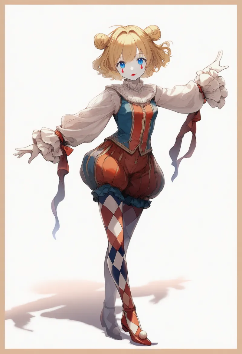 アーガイル柄のパンストのAIイラスト（ピエロ服用）｜プロンプト紹介