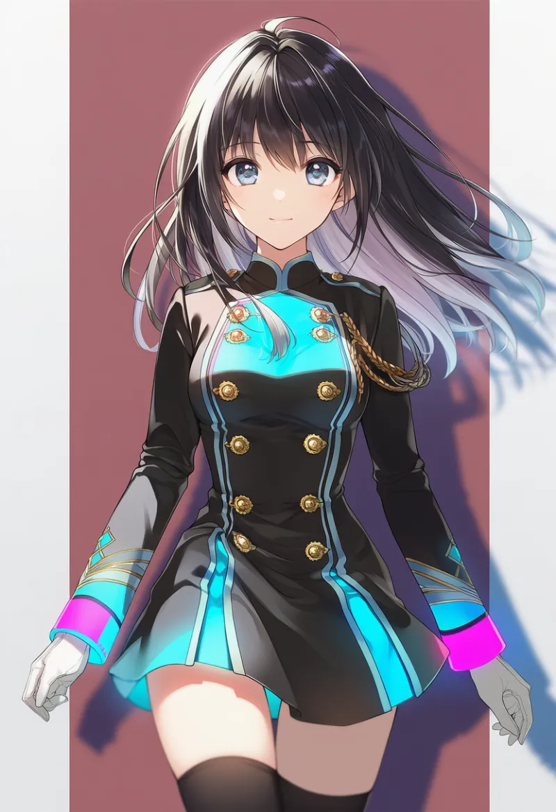 メイン：黒 × ネオン青｜アクセント：ネオンピンク（マーチング衣装の配色デザイン）｜AIイラスト