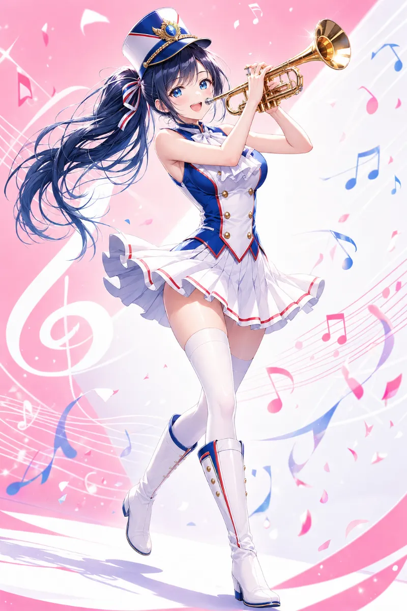 赤アクセント入り青白マーチング衣装（演奏者）｜AIイラスト