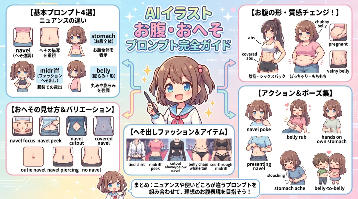 お腹・おへそを綺麗に再現するプロンプト集【AIイラスト】のまとめ用の図解イラスト（グラレコ）