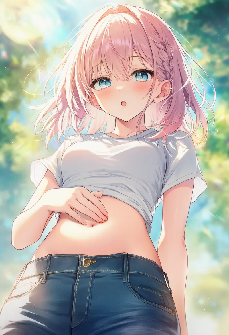 お腹を撫でる・揉む仕草のAIイラスト｜プロンプト紹介