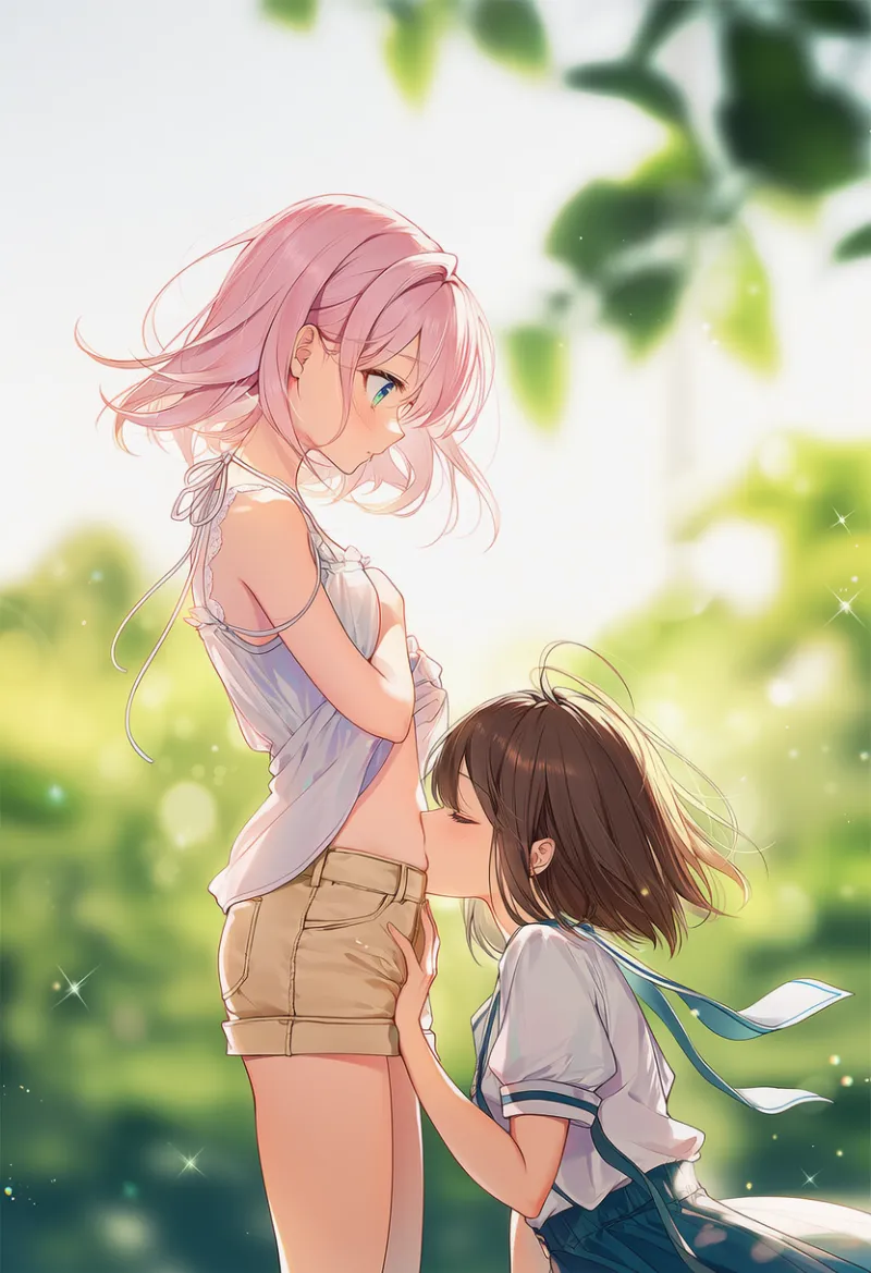 お腹を崇拝するポーズのAIイラスト｜プロンプト紹介