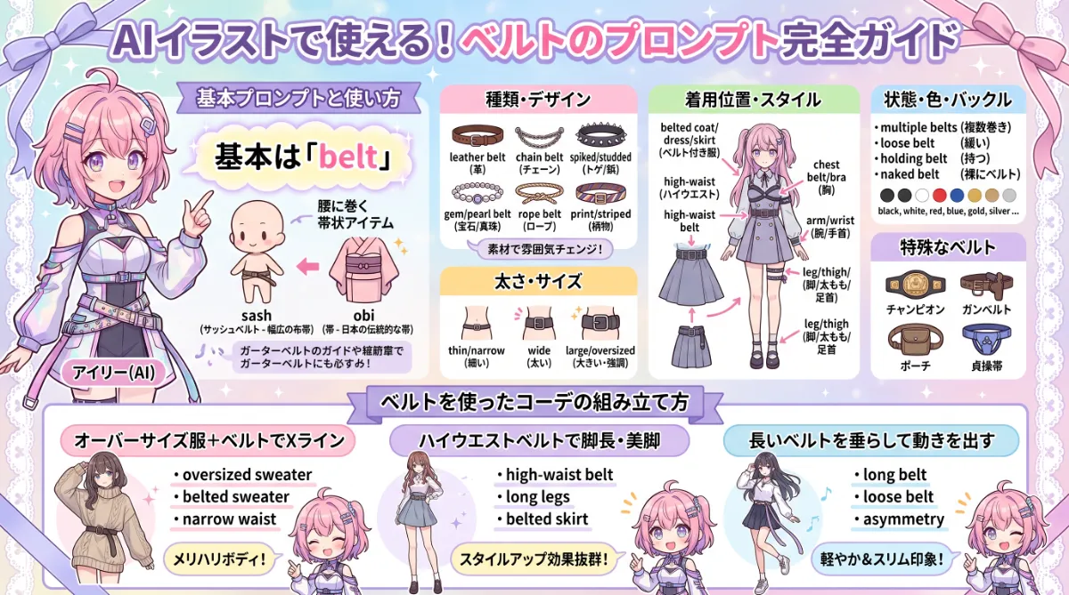 腰のベルトのプロンプト大全【AIイラスト】のまとめ用の図解イラスト(グラレコ)