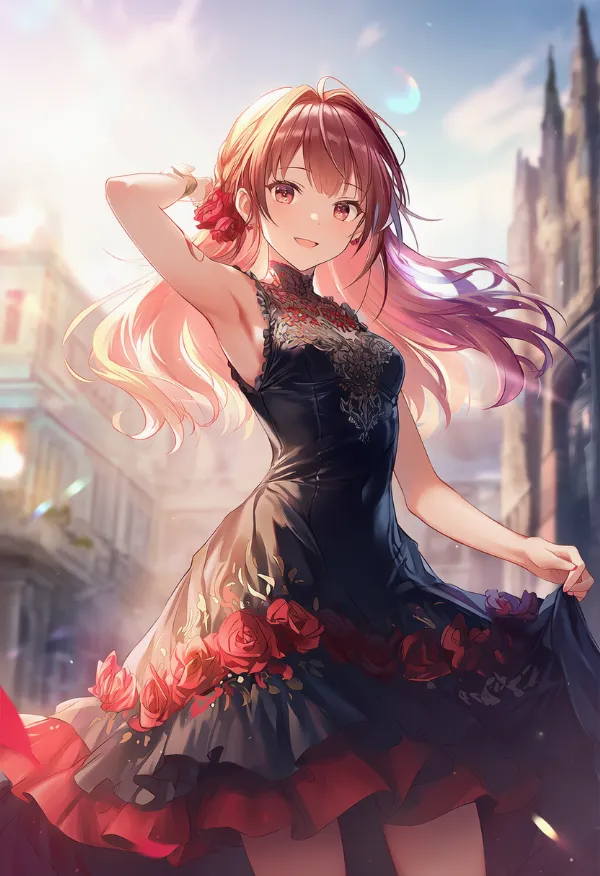 黒色ドレスの赤色アクセントのAIイラスト（フラメンコ用）｜プロンプト紹介