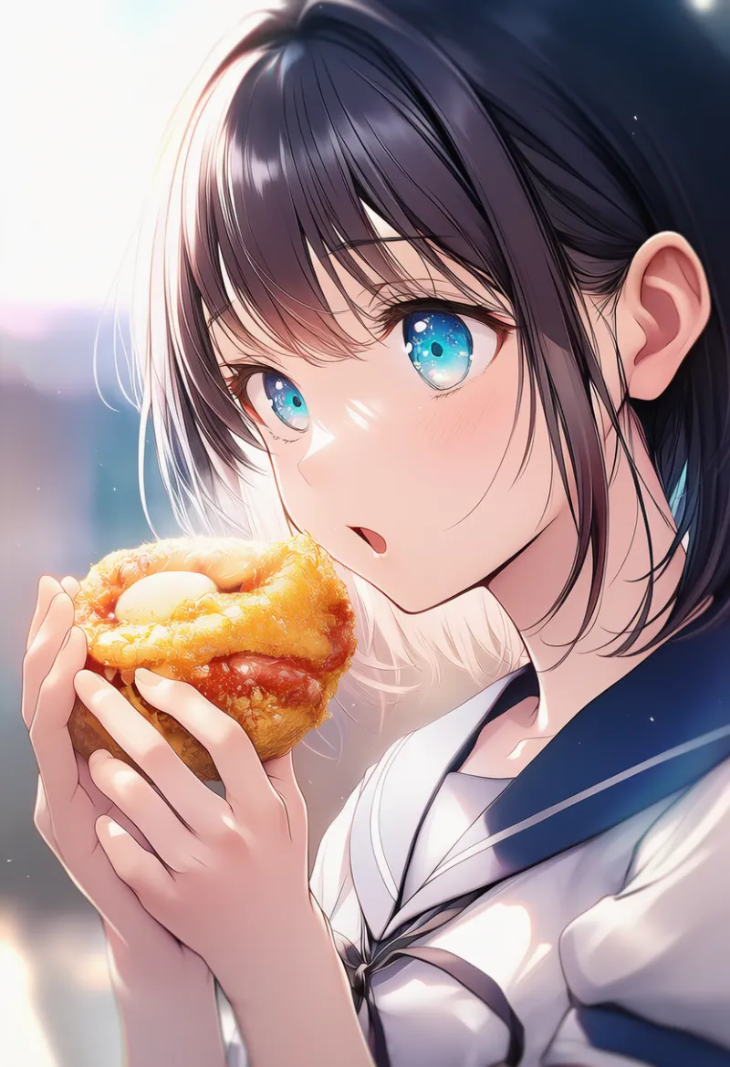 食べ物をふーふー冷ます様子のAIイラスト｜プロンプト紹介