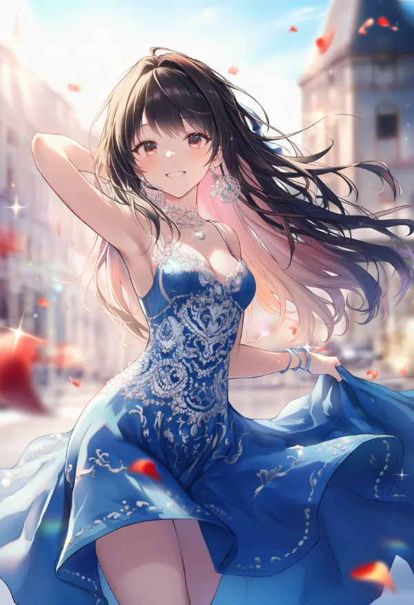 青色ドレスに白色アクセントのAIイラスト（フラメンコ用）｜プロンプト紹介