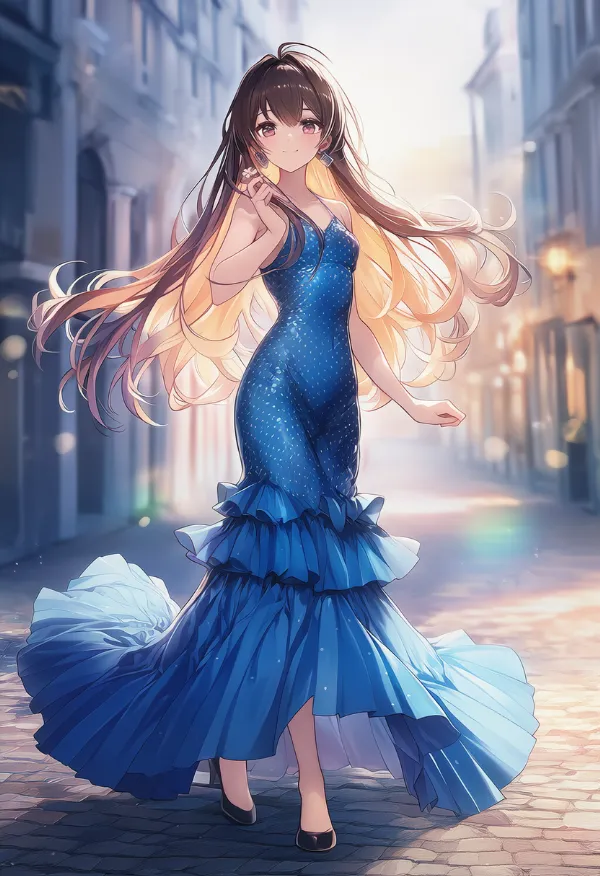水玉模様の青色ドレスのAIイラスト（フラメンコ用）｜プロンプト紹介