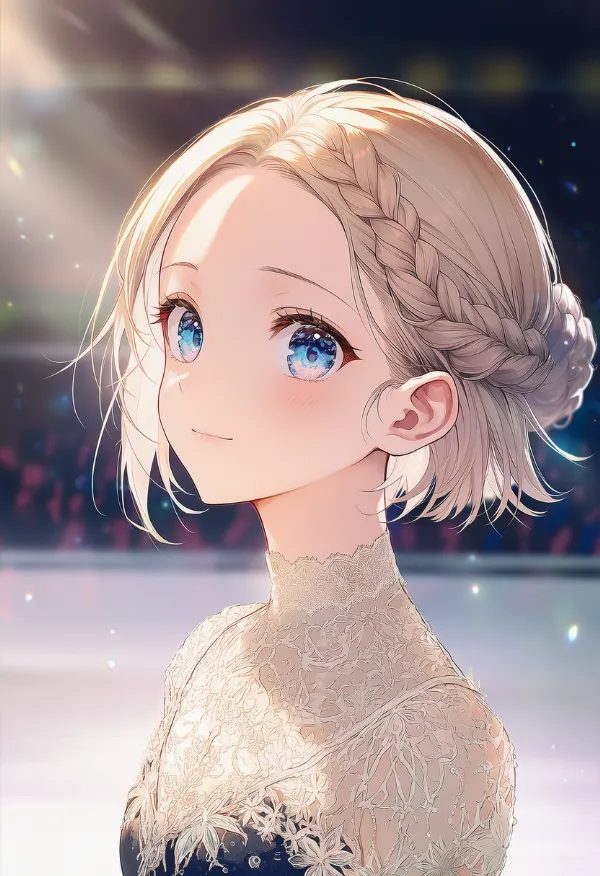 編み込みハーフアップのAIイラスト（フィギュアスケート用の髪型）｜プロンプト紹介