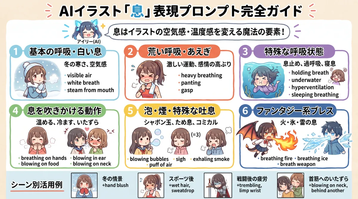 息・呼吸のプロンプト完全ガイド【AIイラスト】のまとめ用の図解イラスト（グラレコ）
