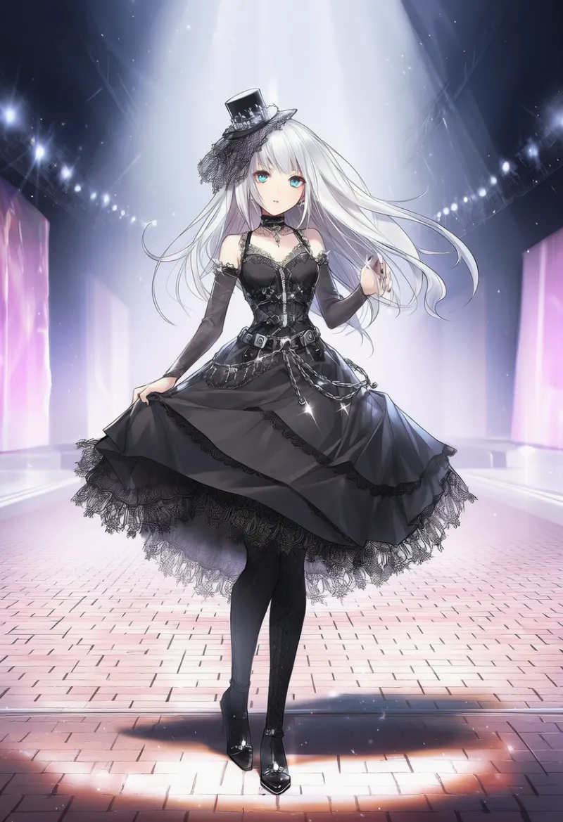 レンガ床のAIイラスト｜ファッションショー・ランウェイのプロンプト紹介