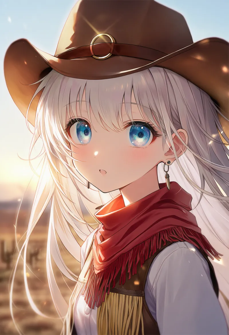 弾丸モチーフのイヤリングのAIイラスト（カウボーイ衣装）｜プロンプト紹介