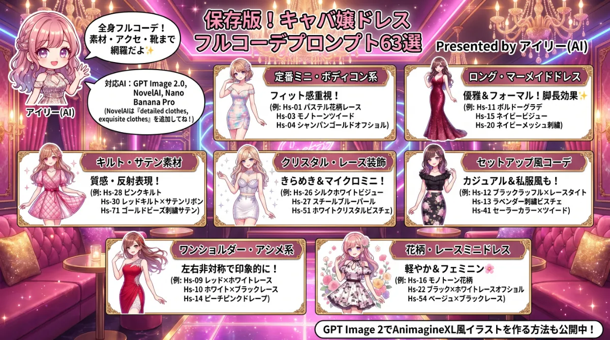 キャバ嬢ドレスの全身コーデプロンプト63選【GPT Image】のまとめ用の図解イラスト（グラレコ）