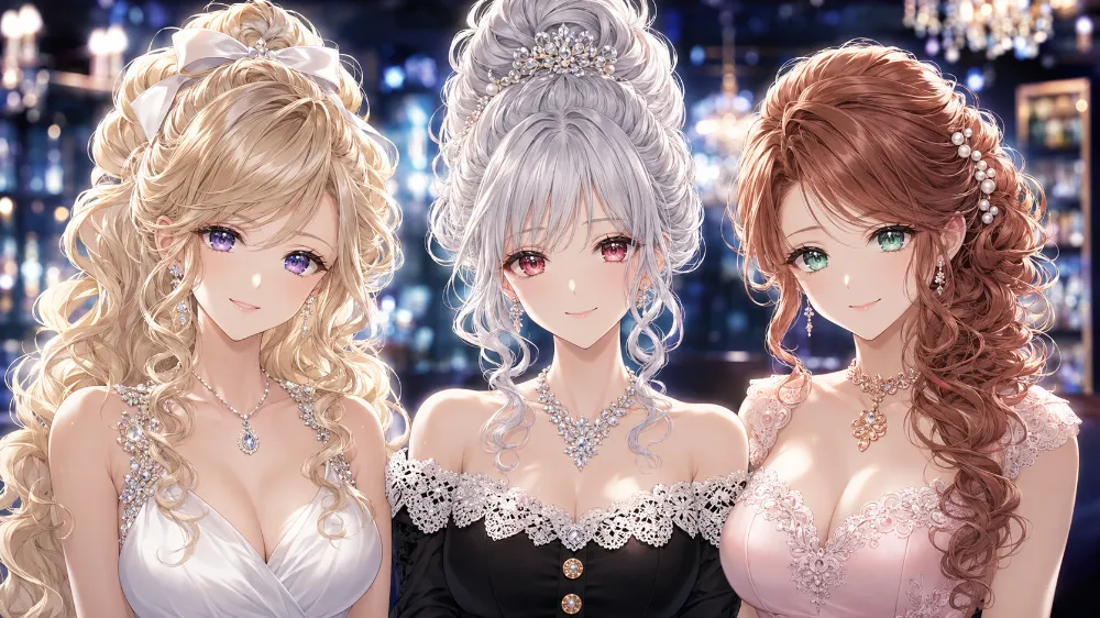 キャバ嬢の髪型3パターンのイラスト作例（王道ゆるふわ巻き下ろし・盛れるアップお団子・フレンチツイストアップ）