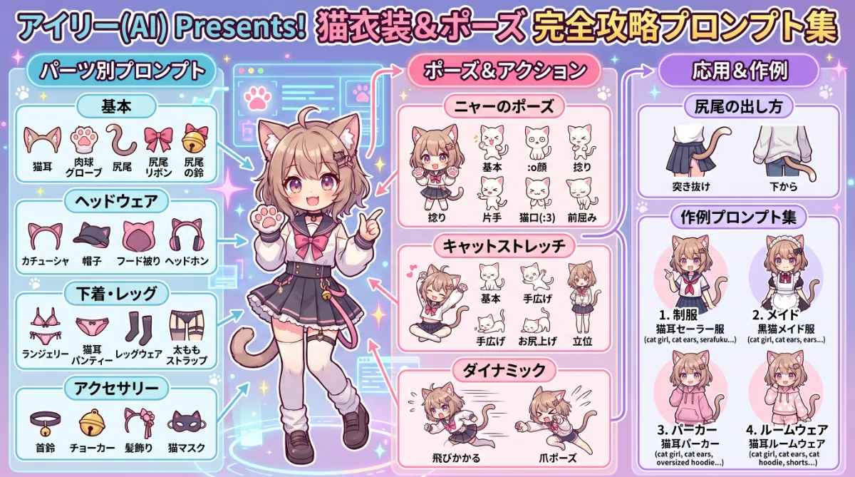 「猫の衣装」と「猫のポーズ」のプロンプト集【AIイラスト】のまとめ用の図解イラスト（グラレコ）