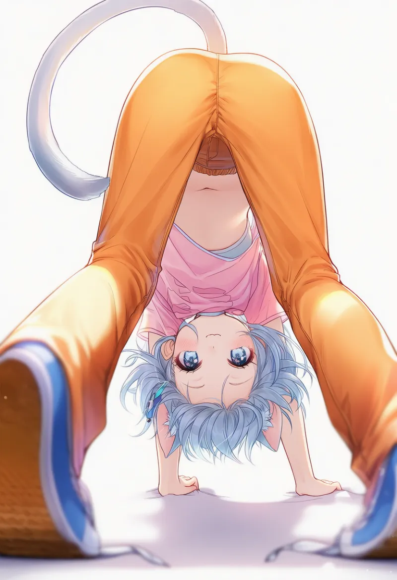 脚を開いたキャットストレッチのAIイラスト（後ろからのアングル）｜プロンプト紹介