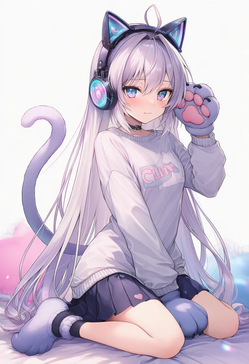 猫耳トレーナー＋スカートのAIイラスト｜猫衣装のプロンプト紹介