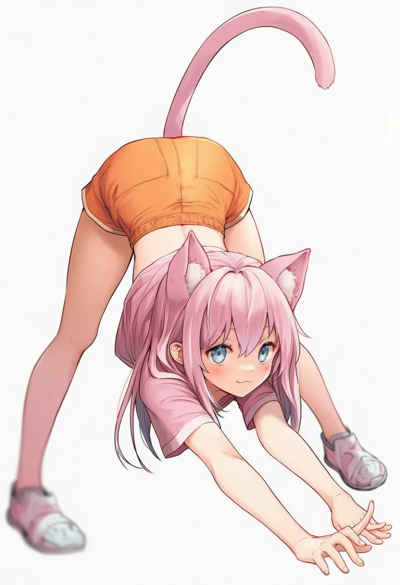 脚を開いたキャットストレッチのAIイラスト（前からのアングル）｜プロンプト紹介