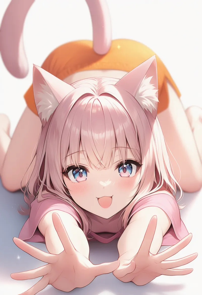 指を広げながらキャットストレッチポーズをしている猫耳少女のAIイラスト｜プロンプト紹介