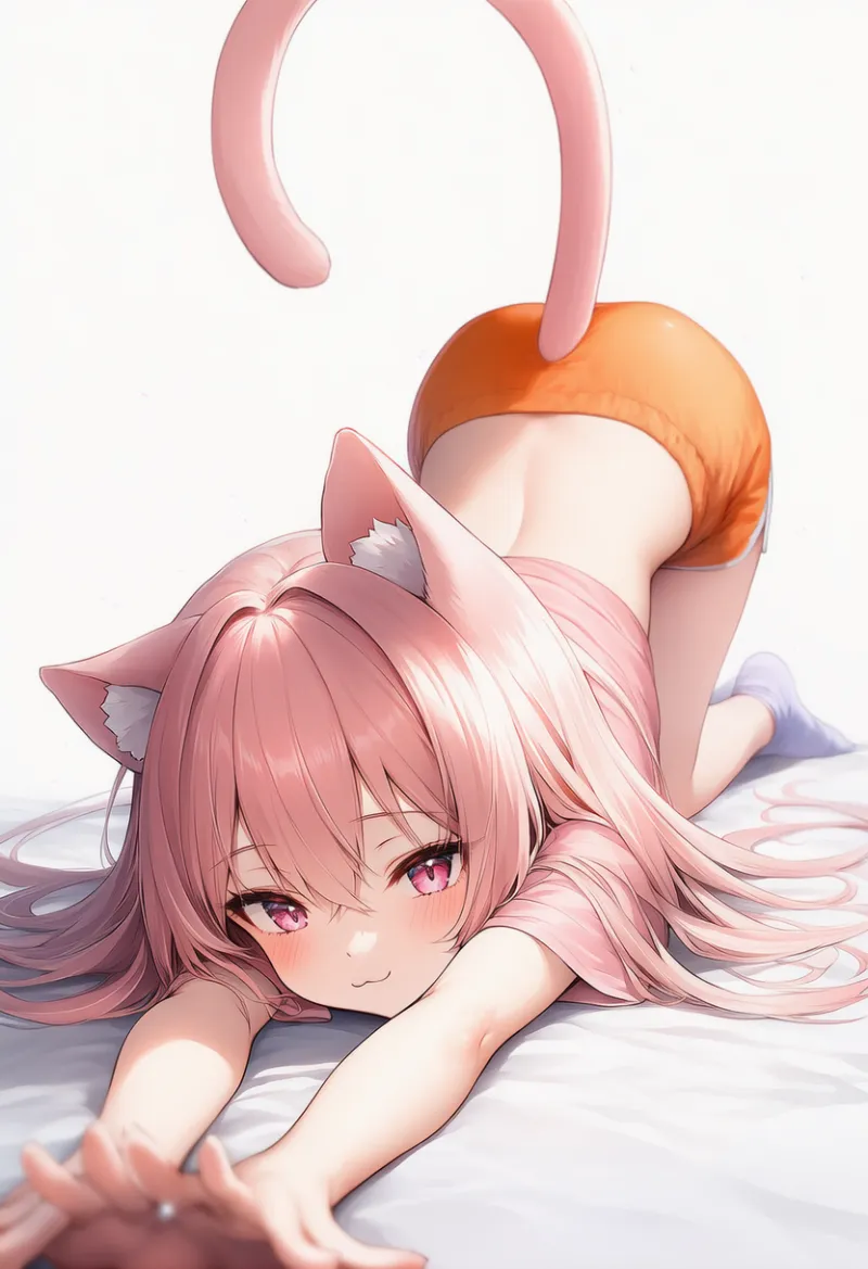 キャットストレッチをしている猫耳少女のAIイラスト｜プロンプト：cat stretch