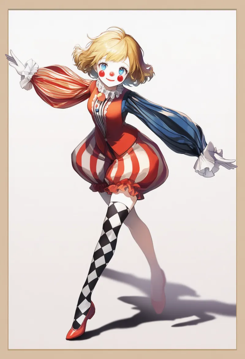 ダイヤ柄のサイハイのAIイラスト（ピエロ服用）｜プロンプト紹介