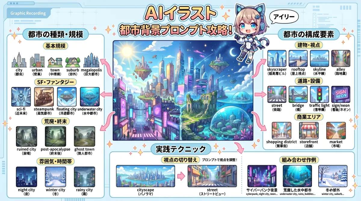 都市の背景用プロンプト一覧【AIイラスト】のまとめ用の図解イラスト（グラレコ）