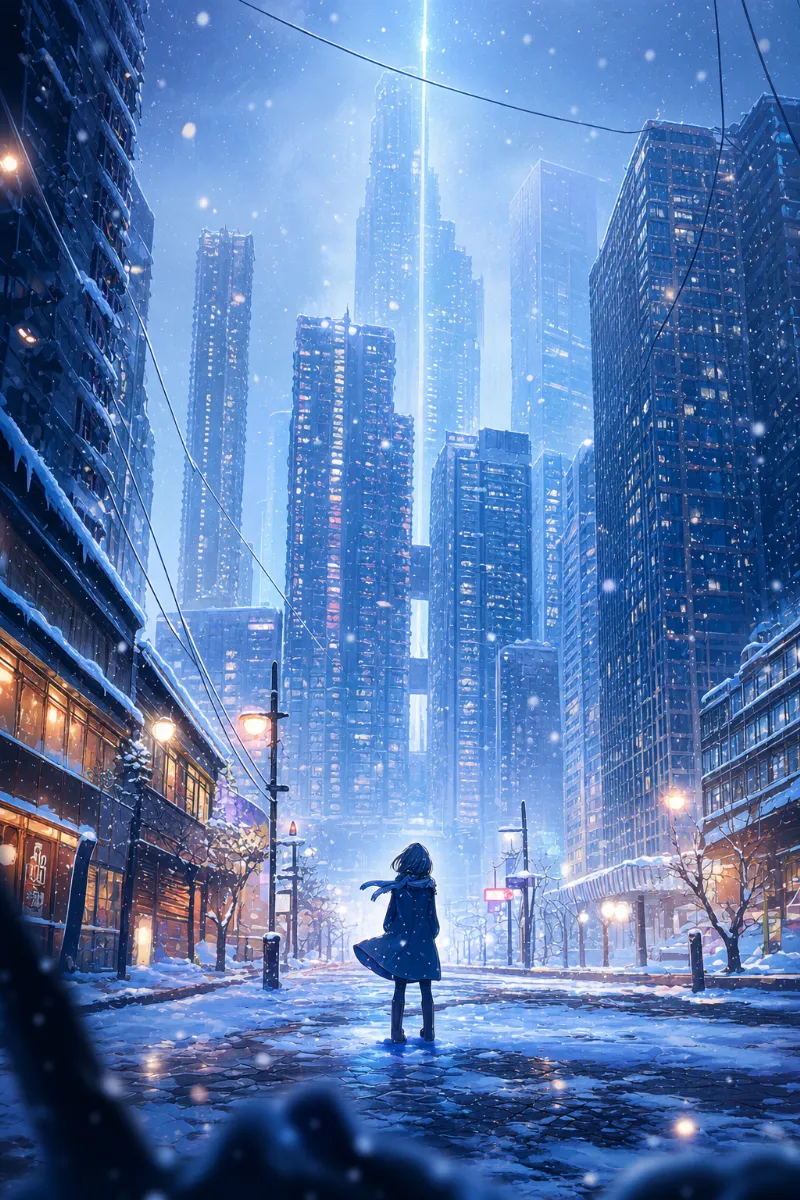 冬の都市（雪景色）｜都市のAIイラスト作例（アート）