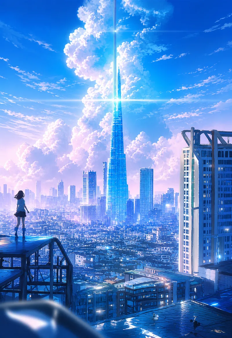 高層ビル街・屋上視点｜都市のAIイラスト作例（アート）