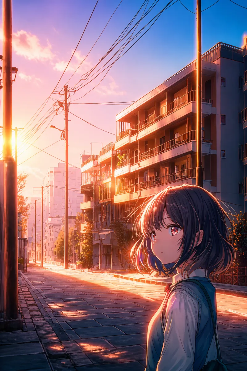 夕暮れの都市郊外の住宅街ストリート｜都市のAIイラスト作例（アート）