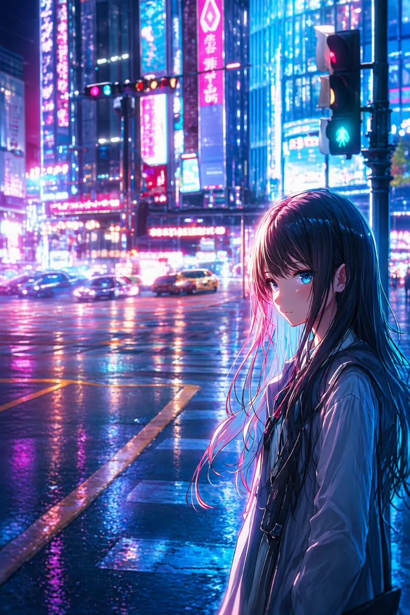 信号・横断歩道・看板が目立つ大通り｜都市のAIイラスト作例（アート）