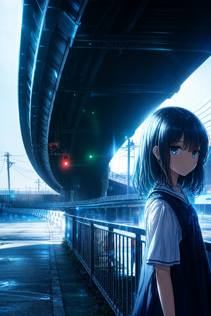 橋・高架が迫る少し圧迫感のある都市空間｜都市のAIイラスト作例（アート）