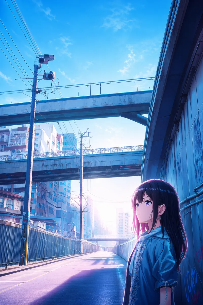 少し荒れた高架下の都市の産業道路付近｜都市のAIイラスト作例（アート）