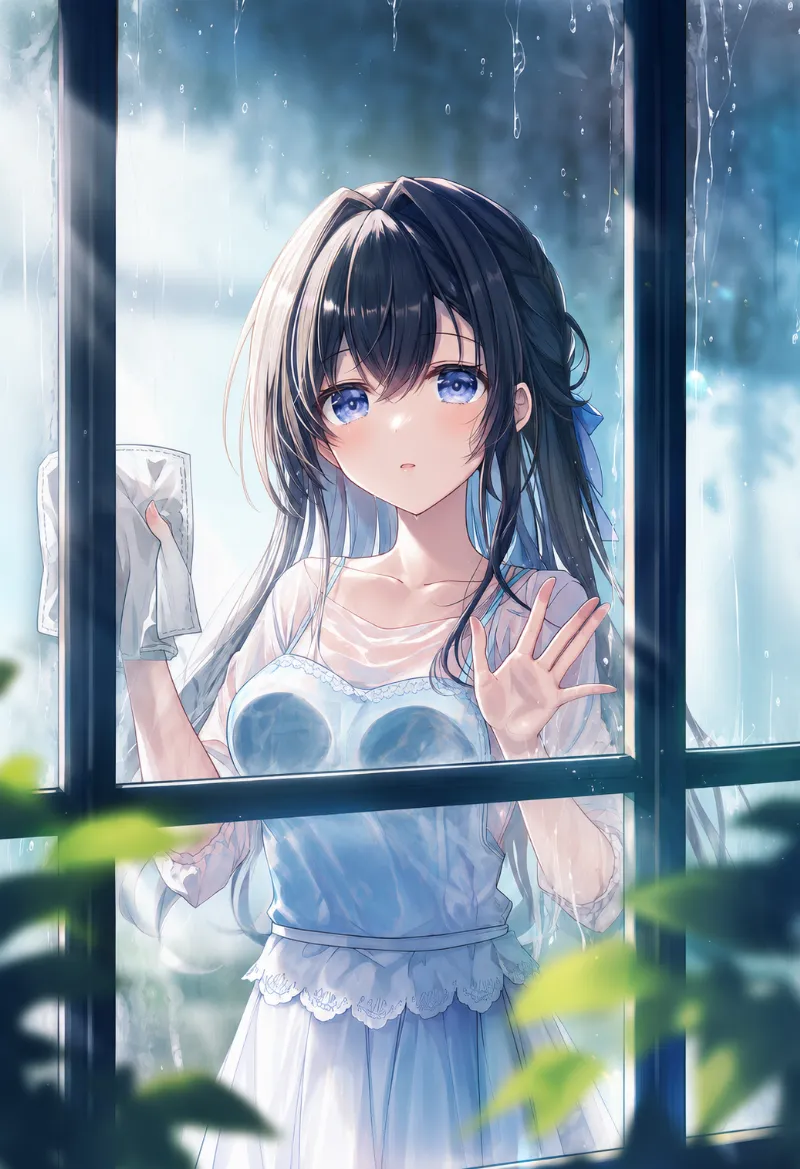 窓拭きをする美少女のAIイラスト作例（外側から見る視点）